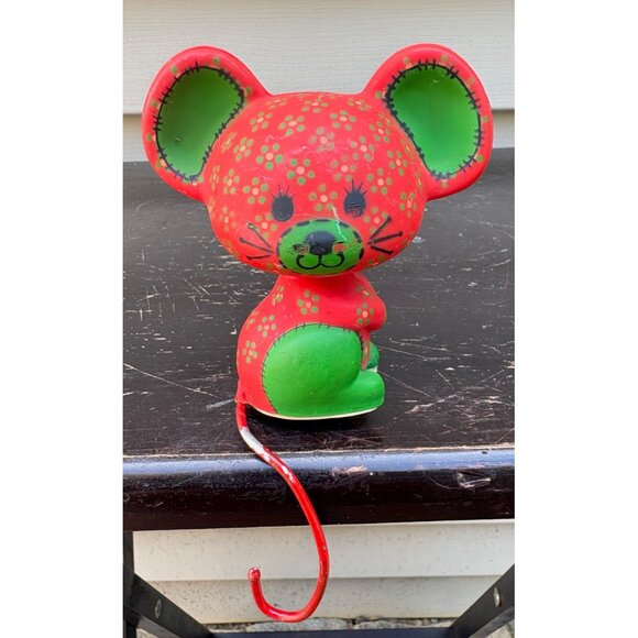 Vintage Hallmark Shelf Sitter Stocking Holder Red Green Mouse Figurine Tail Hook - Picture 1 of 6